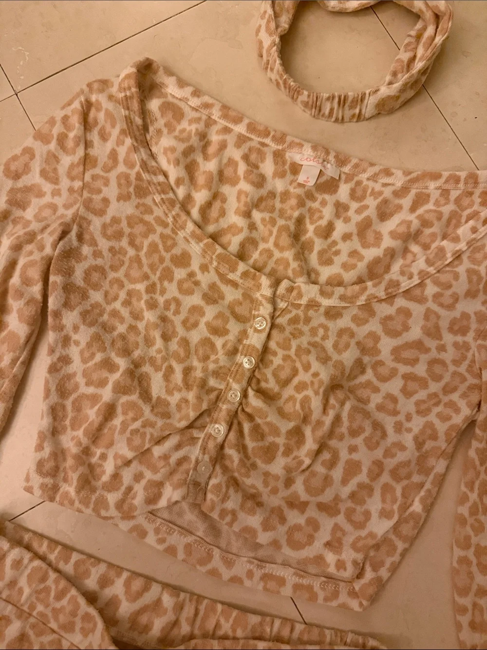 Leopard Print Two-Piece Lounge Set with Headband - Beige - Picture 2 of 3